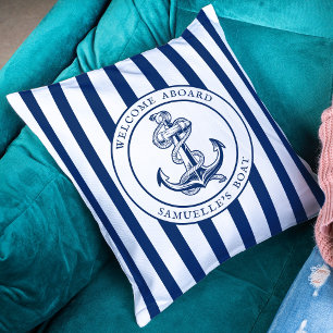 Navy Blue Stripes Nautical Boat Name Anchor Rope Throw Pillow