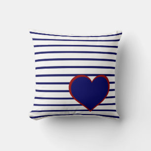 Navy Blue Stripes on White w/ Navy/Red Heart Throw Pillow