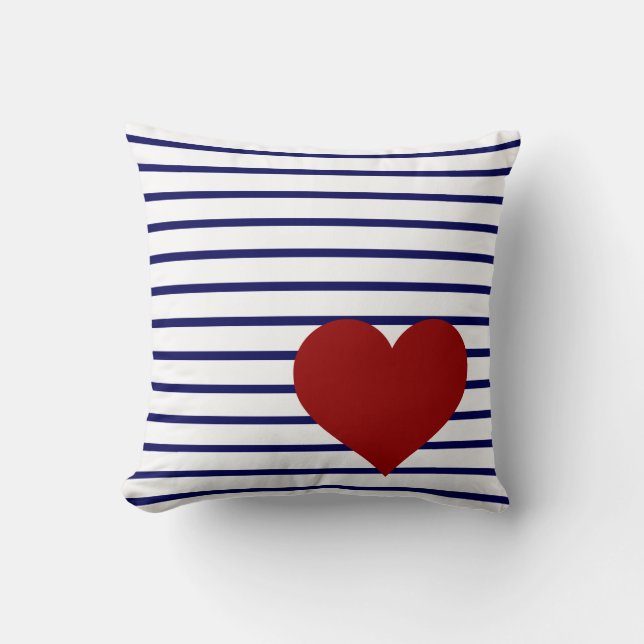 Navy Blue Stripes on White w/ Red Heart Throw Pillow (Front)
