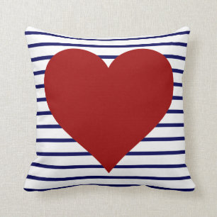 Navy Blue Stripes on White w/ Red Heart Throw Pillow