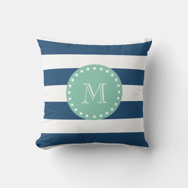Navy Blue Stripes Pattern, Mint Green Monogram Throw Pillow (Front)