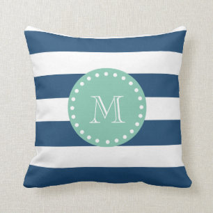 Navy Blue Stripes Pattern, Mint Green Monogram Throw Pillow