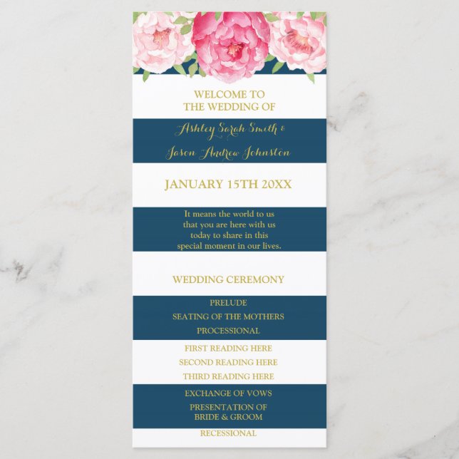 Navy Blue Stripes Pink Watercolor Wedding Program (Front)