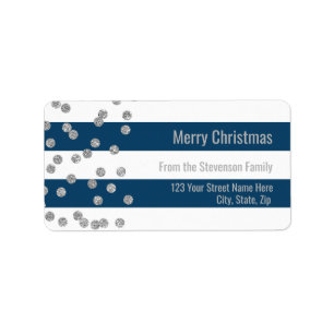 Navy Blue Stripes Silver Confetti Merry Christmas Label