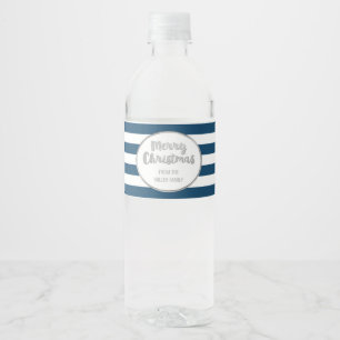 Navy Blue Stripes Silver Custom Merry Christmas Water Bottle Label