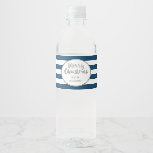 Navy Blue Stripes Silver Custom Merry Christmas Water Bottle Label (Front)