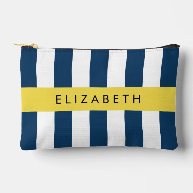 Navy Blue Stripes, Striped Pattern, Your Name Accessory Pouch (Front)