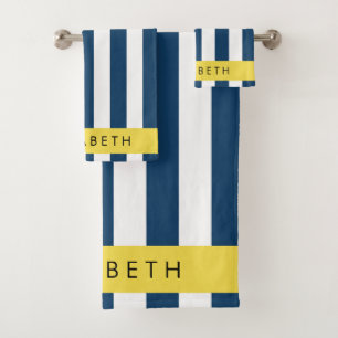Navy Blue Stripes, Striped Pattern, Your Name Bath Towel Set