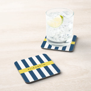 Navy Blue Stripes, Striped Pattern, Your Name Coaster