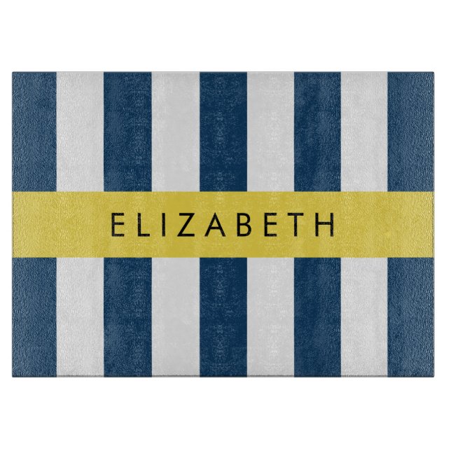 Navy Blue Stripes, Striped Pattern, Your Name Cutting Board (Front)