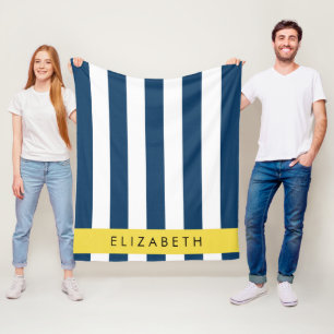 Navy Blue Stripes, Striped Pattern, Your Name Fleece Blanket