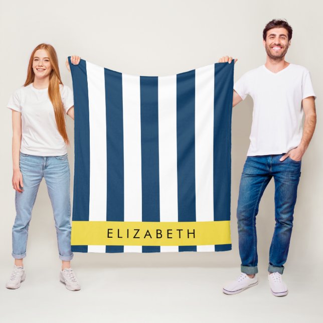 Navy Blue Stripes, Striped Pattern, Your Name Fleece Blanket (In Situ)