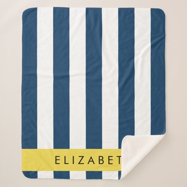 Navy Blue Stripes, Striped Pattern, Your Name Sherpa Blanket (Front)