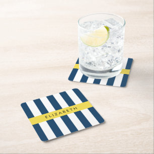 Navy Blue Stripes, Striped Pattern, Your Name Square Paper Coaster