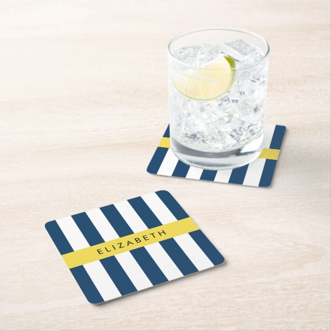 Navy Blue Stripes, Striped Pattern, Your Name Square Paper Coaster (Insitu)