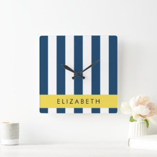 Navy Blue Stripes, Striped Pattern, Your Name Square Wall Clock