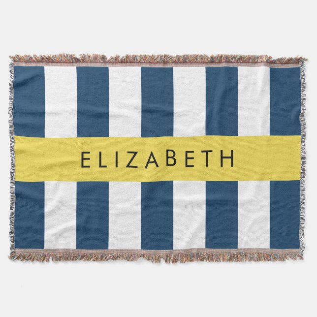 Navy Blue Stripes, Striped Pattern, Your Name Throw Blanket (Front)