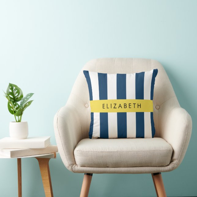 Navy Blue Stripes, Striped Pattern, Your Name Throw Pillow (Chair)