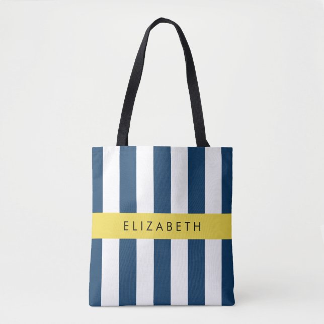 Navy Blue Stripes, Striped Pattern, Your Name Tote Bag (Front)