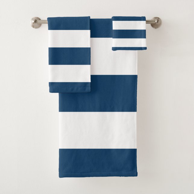 Navy Blue Stripes, White Stripes, Striped Pattern Bath Towel Set (Insitu)