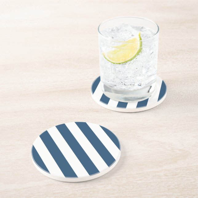 Navy Blue Stripes, White Stripes, Striped Pattern Coaster (Side)