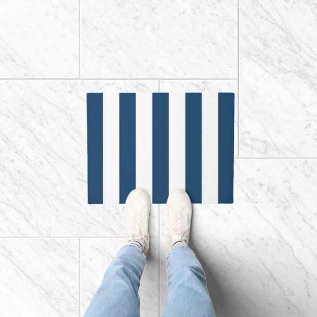 Navy Blue Stripes, White Stripes, Striped Pattern Doormat (Indoor)