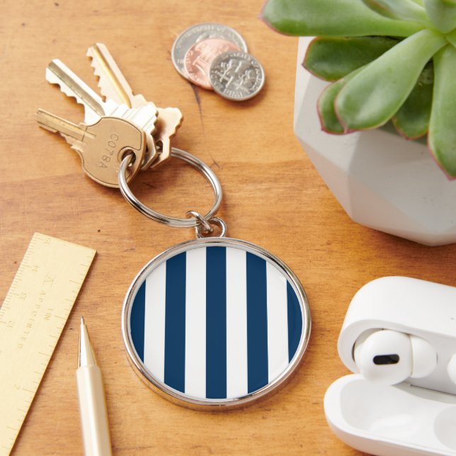 Navy Blue Stripes, White Stripes, Striped Pattern Keychain (Desk)