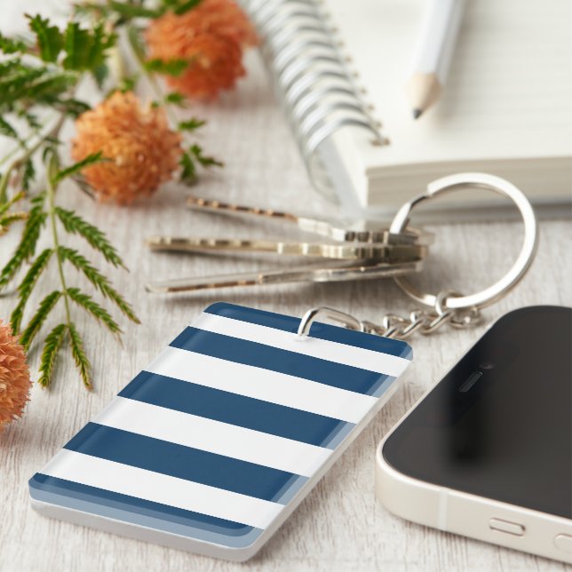 Navy Blue Stripes, White Stripes, Striped Pattern Keychain (Front Right)