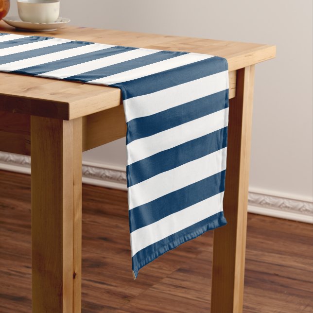 Navy Blue Stripes, White Stripes, Striped Pattern Medium Table Runner (In Situ)
