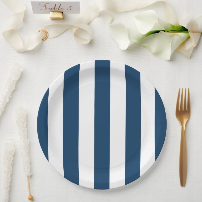 Navy Blue Stripes, White Stripes, Striped Pattern Paper Plate (Wedding)
