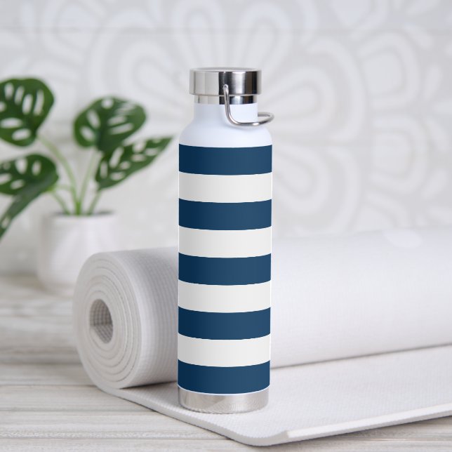 Navy Blue Stripes, White Stripes, Striped Pattern Water Bottle (Yoga)