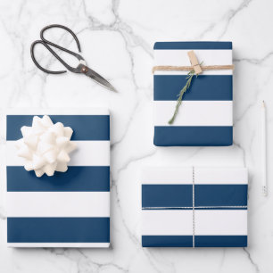 Navy Blue Stripes, White Stripes, Striped Pattern Wrapping Paper Sheet