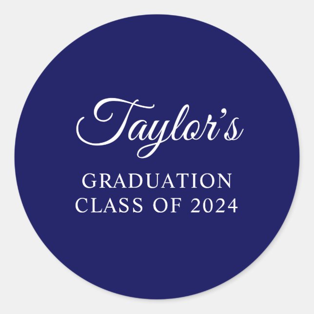 Navy Blue Stylish Script Graduation Classic Round Sticker (Front)