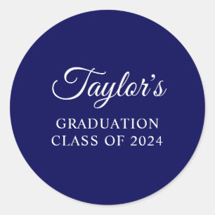 Navy Blue Stylish Script Graduation Classic Round Sticker