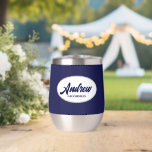 Navy Blue Stylized Name Wedding Groomsman<br><div class="desc">Gift your wedding groomsman with this trendy and personalized, stainless steel wine tumbler with his name in stylized script inside a white, oval design. Background colour and script is a navy blue. Personalize your wine tumbler by editing and replacing name with desired name. Available in many, popular wedding colour schemes....</div>