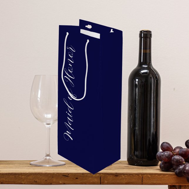 Navy Blue Stylized Script Maid of Honour Wine Gift Bag (In Situ)