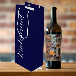 Navy Blue Stylized Script Wedding Bridesmaid Wine Gift Bag