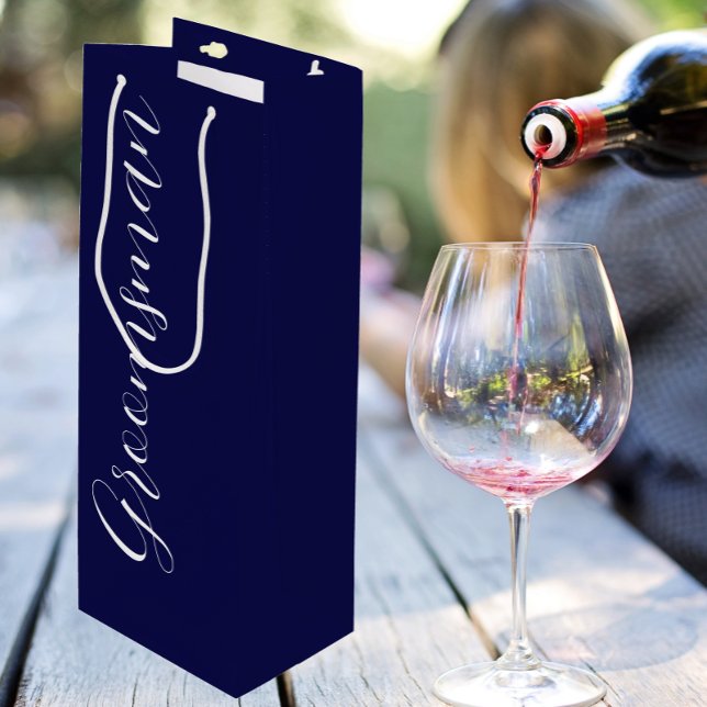 Navy Blue Stylized Script Wedding Groomsman Wine Gift Bag (In Situ)