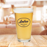 Navy Blue Stylized Wedding Best Man Name Glass<br><div class="desc">Beer glass for the wedding Best Man that features his name printed in a trendy navy blue, stylized script inside a navy blue colour oval border along with wedding date. A great party supply idea for a bachelor party! Personalize your beer glass by editing and replacing name and date with...</div>