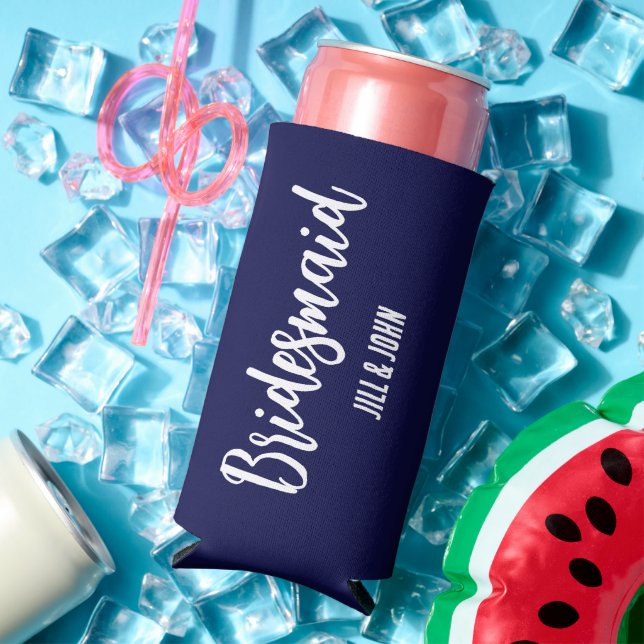 Navy Blue Stylized Wedding Bridesmaid Seltzer Can Cooler (In Situ Summer)