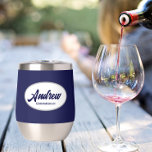 Navy Blue Stylized Wedding Groomsman Name<br><div class="desc">Gift your wedding groomsman with this trendy and personalized, stainless steel wine tumbler with his name in stylized script inside a white, oval design. Background colour and script is a navy blue. Personalize your wine tumbler by editing and replacing name with desired name. Available in many, popular wedding colour schemes....</div>