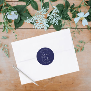 Navy Blue Stylized Wedding Save the Date Classic Round Sticker