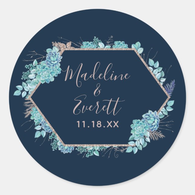 Navy Blue Succulents & Rose Gold Monogram Wedding Classic Round Sticker (Front)