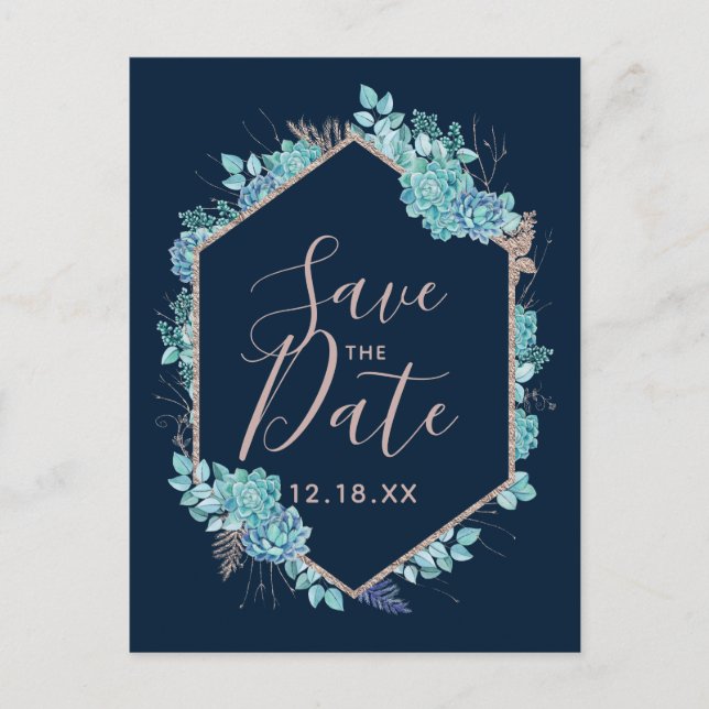 Navy Blue Succulents & Rose Gold Save the Date Announcement Postcard (Front)