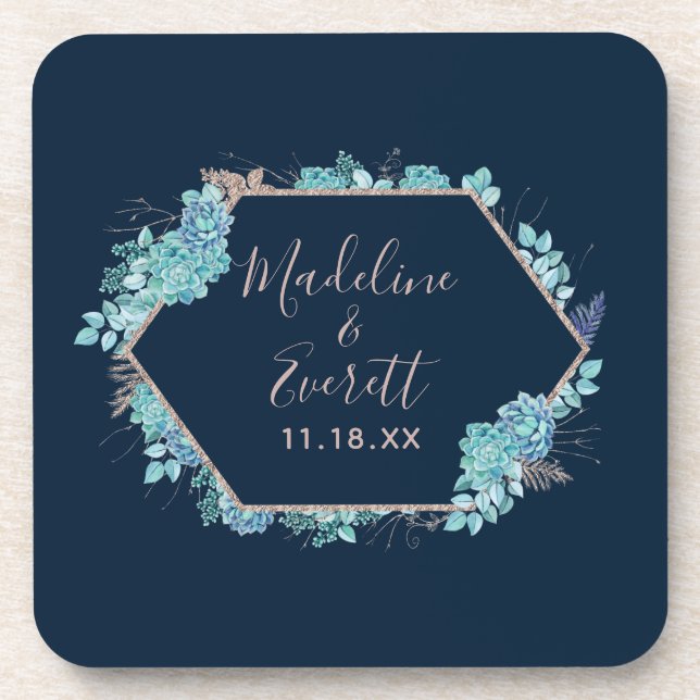 Navy Blue Succulents & Rose Gold Wedding Monogram Coaster (Front)