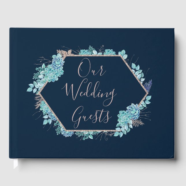 Navy Blue Succulents & Rose Gold Wedding Monogram Guest Book (Front)