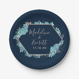 Navy Blue Succulents & Rose Gold Wedding Monogram Paper Plate