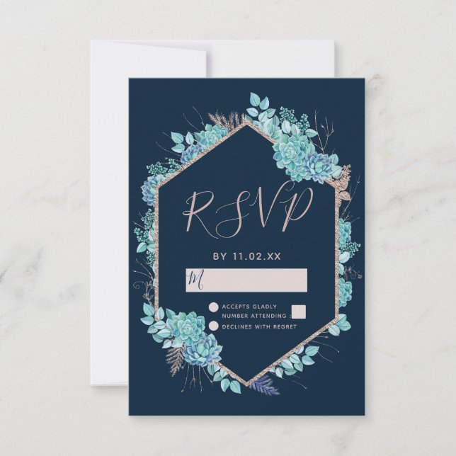 Navy Blue Succulents & Rose Gold Wedding RSVP Card (Front)