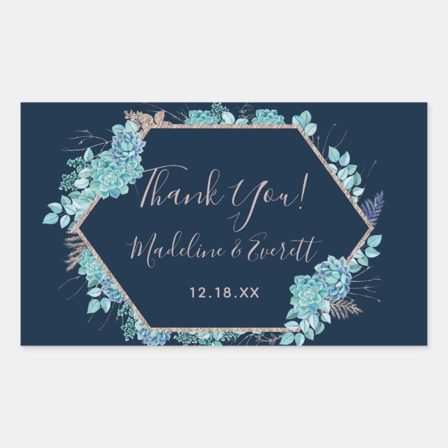 Navy Blue Succulents & Rose Gold Wedding Thank You Sticker (Front)