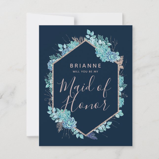 Navy Blue Succulents Will You Be My Maid of Honour Invitation (Front)